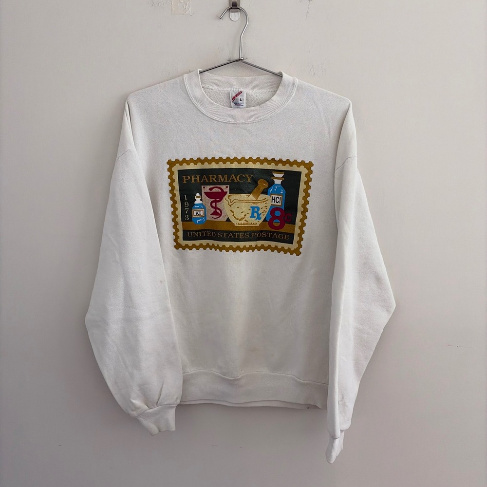 Vintage Jerzees Pharmacy United States Postage Stamp Sweatshirt White L